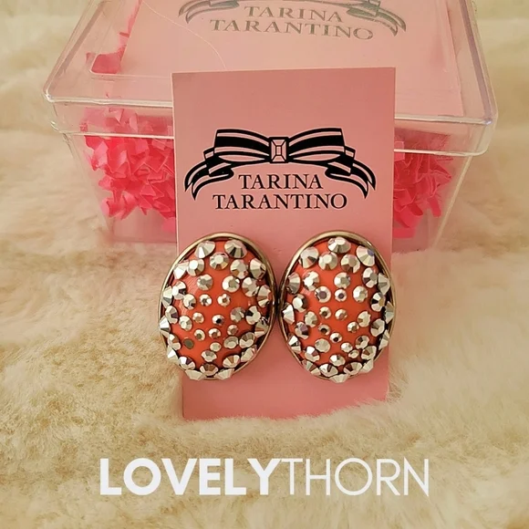 TARINA TARANTINO // ltd ed coral-pink convex oval silver studs post earrings - Picture 3 of 4